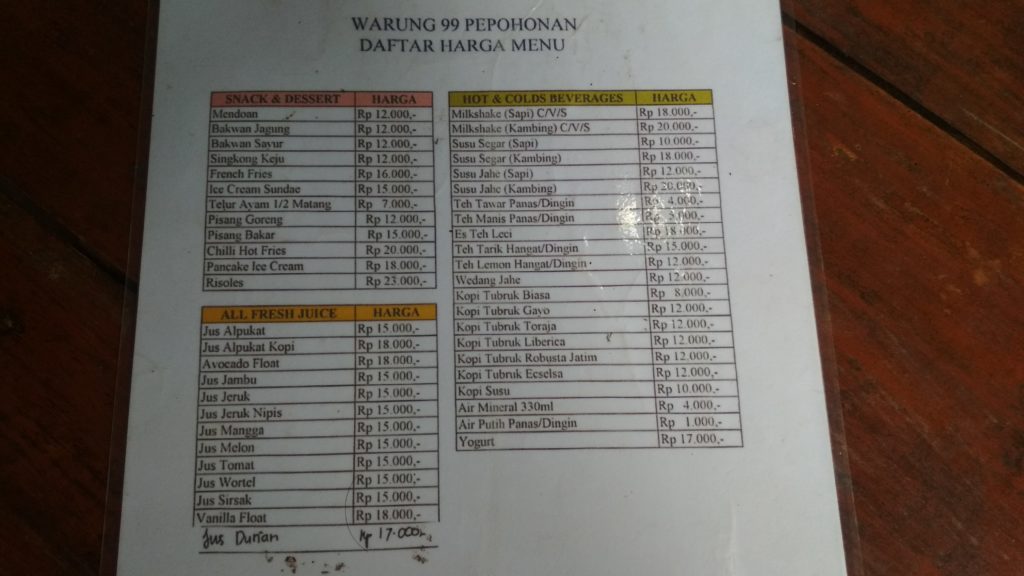 daftar menu makan di kampung 99 pepohonan